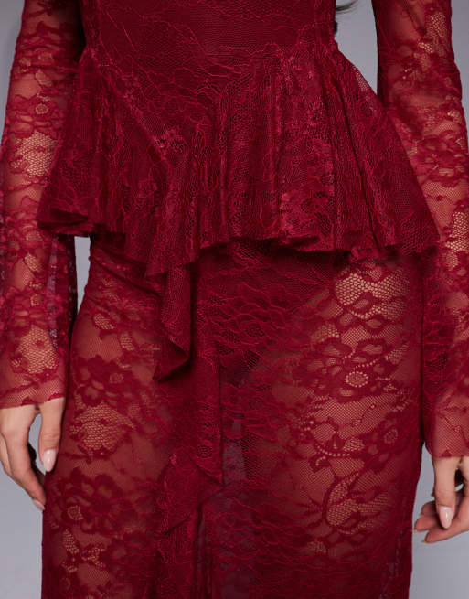 ASOS DESIGN - Robe longue en dentelle transparente à col montant avec ourlet à basque et doublure body - Framboise, 2 de 4