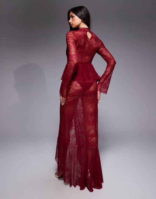 ASOS DESIGN - Robe longue en dentelle transparente à col montant avec ourlet à basque et doublure body - Framboise, 4 de 4