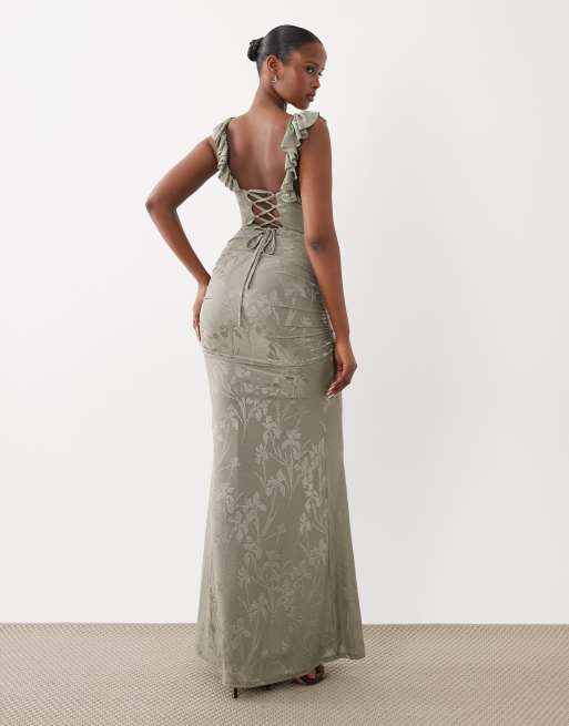 ASOS DESIGN - Robe longue en dévoré à encolure carrée avec volants - Sauge, 4 de 4