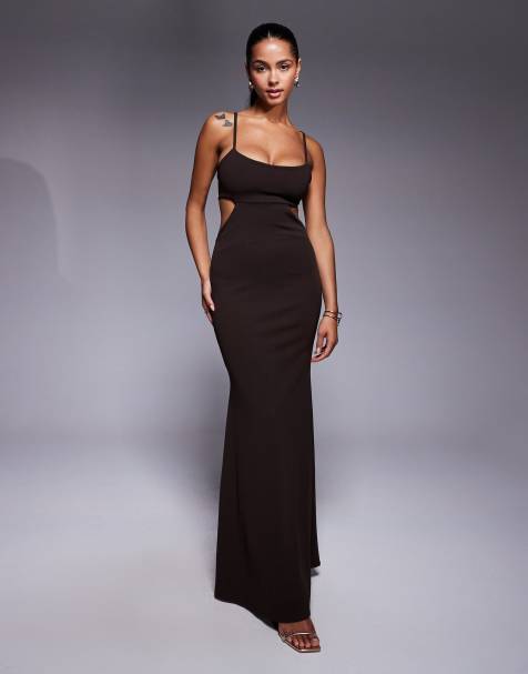 ASOS DESIGN - Robe longue en imitation néoprène et crêpe avec ourlet plongeant et découpes - Chocolat - view 1