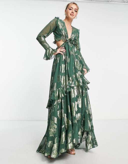 ASOS DESIGN - Robe longue en jacquard à fleurs avec volants et jupe à volants - Vert