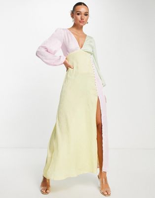 ASOS DESIGN - Robe longue en jacquard color block avec manches ballon et bretelles dans le dos