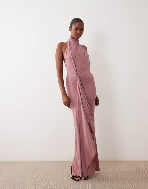 ASOS DESIGN robe longue en jersey sculptant à col montant, drapé et volantée, mauve - view 1