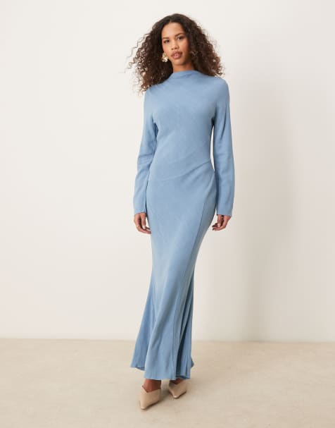 ASOS DESIGN - Robe longue en lin avec col montant et surpiqûres - Bleu jean décoloré - view 1