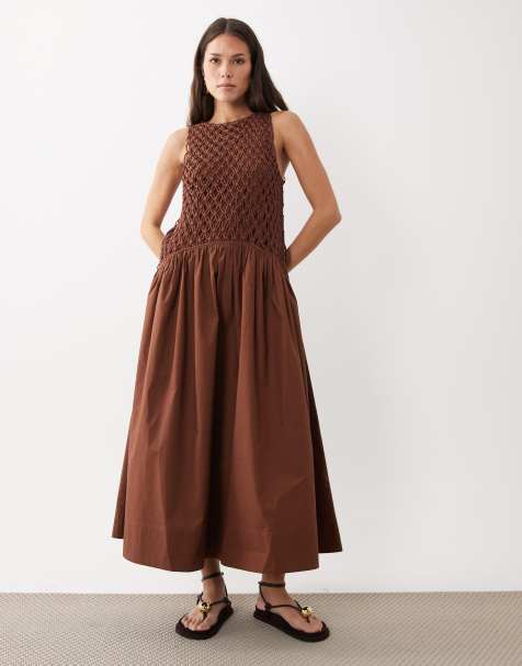 ASOS DESIGN - Robe longue en macramé avec taille basse et jupe en popeline - Chocolat chaud - view 1