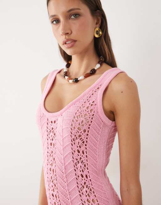 ASOS DESIGN robe longue en maille crochet à franges rose, 2 de 4