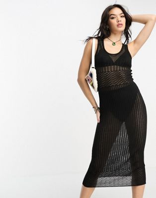 ASOS DESIGN knitted maxi dress in pointelle stitch with scoop neck in black - ASOS Price Checker