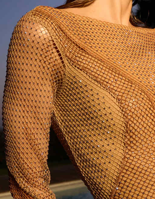 ASOS DESIGN - Robe longue en maille résille à manches longues avec strass thermocollés et motif effet patchwork - Bronze, 2 de 4