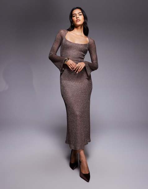 ASOS DESIGN - Robe longue en maille scintillante à manches longues et encolure dégagée - Or rose - view 1