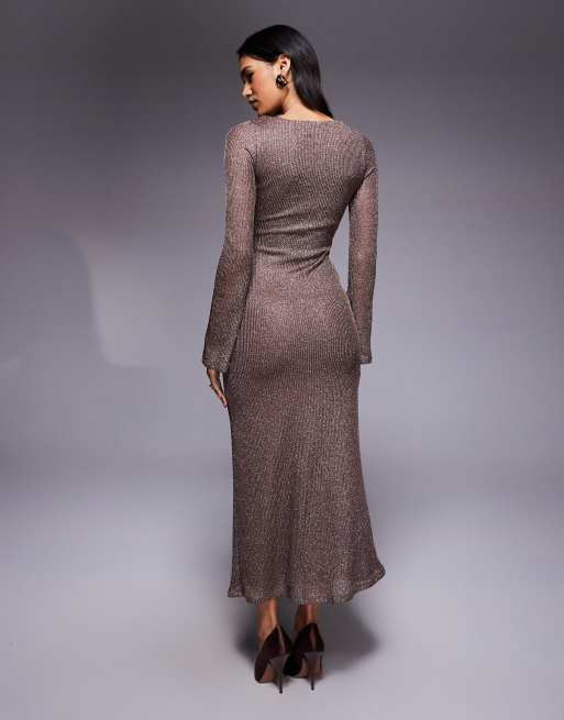 ASOS DESIGN - Robe longue en maille scintillante à manches longues et encolure dégagée - Or rose, 3 de 4