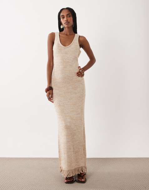 ASOS DESIGN robe longue en maille torsadée à franges beige - view 1