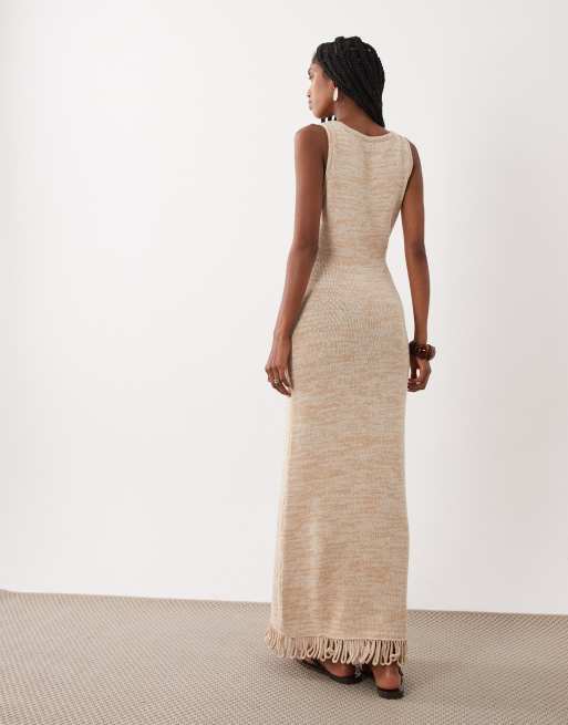 ASOS DESIGN robe longue en maille torsadée à franges beige, 4 de 4