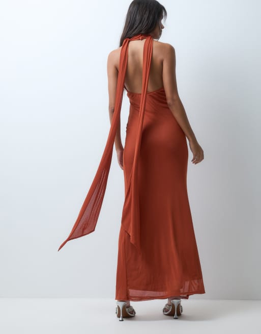 ASOS DESIGN robe longue en mesh à col montant et drapé avec écharpe, couleur rouille, 5 de 5