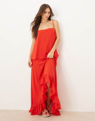 Robe longue en mousseline à bretelles fines et ourlet volanté - Rouge tomate 34