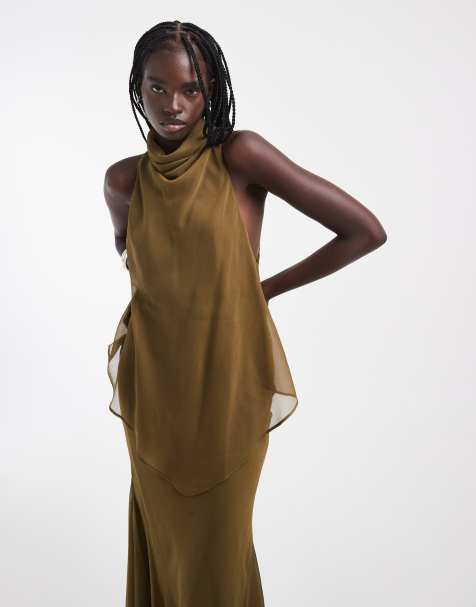 ASOS DESIGN robe longue en mousseline à col montant et double épaisseur vert olive - view 1