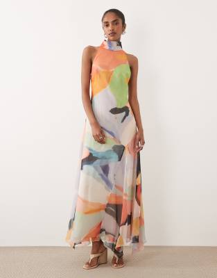 Robe longue en mousseline à col montant et imprimé abstrait - Multicolore 32