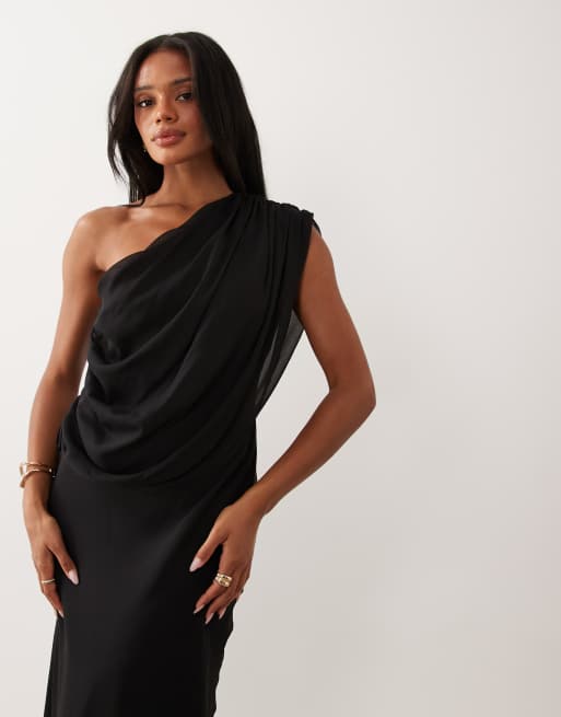 ASOS DESIGN - Robe longue en mousseline à épaules drapées et dos bénitier - Noir, 2 de 4
