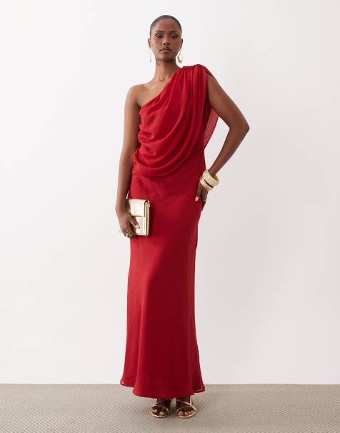 ASOS DESIGN - Robe longue en mousseline à épaules drapées et dos bénitier - Rouge - view 1