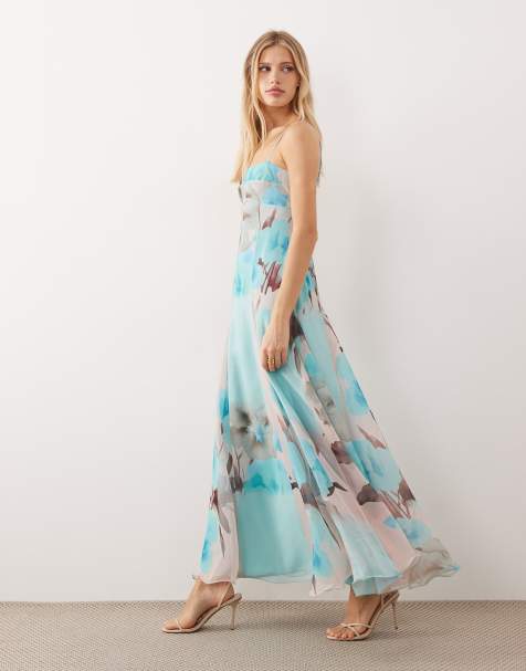 ASOS DESIGN - Robe longue en mousseline à imprimé fleuri avec bretelles fines et jupe à godets - Bleu - view 1