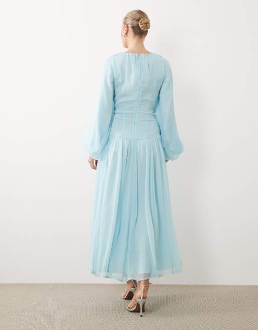 ASOS DESIGN - Robe longue en mousseline à manches longues avec détails noués - Bleu ciel, 2 de 4
