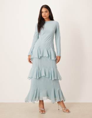Robe longue en mousseline à volants et manches longues - Bleu cendré 40