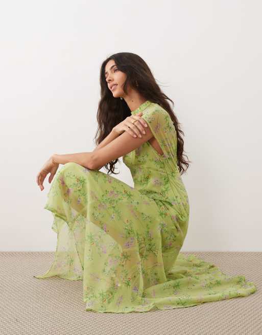 ASOS DESIGN - Robe longue en mousseline avec col montant et ourlet mouchoir - Citron vert, 2 de 4