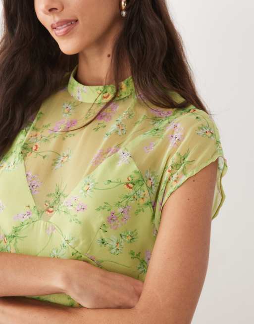 ASOS DESIGN - Robe longue en mousseline avec col montant et ourlet mouchoir - Citron vert, 4 de 4