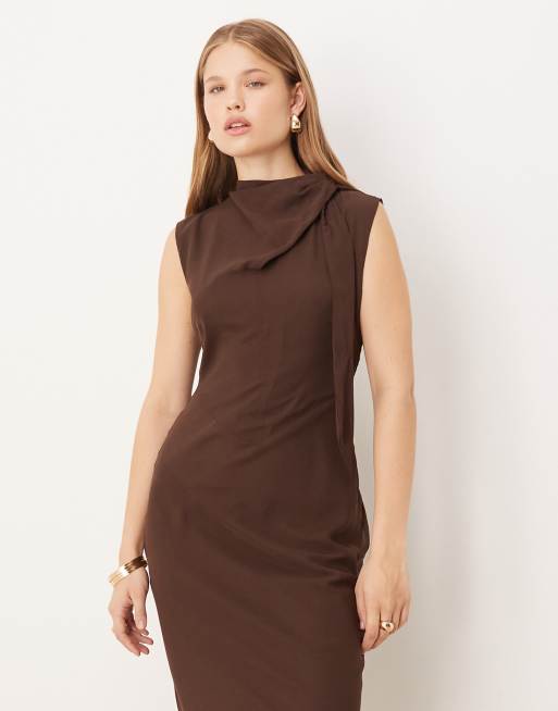 ASOS DESIGN - Robe longue en mousseline avec encolure nouée - Chocolat, 4 de 4