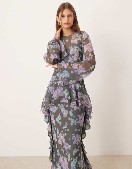 ASOS DESIGN - Robe longue en mousseline avec manches longues et ourlet à volants - Bleu fleuri, 2 de 4