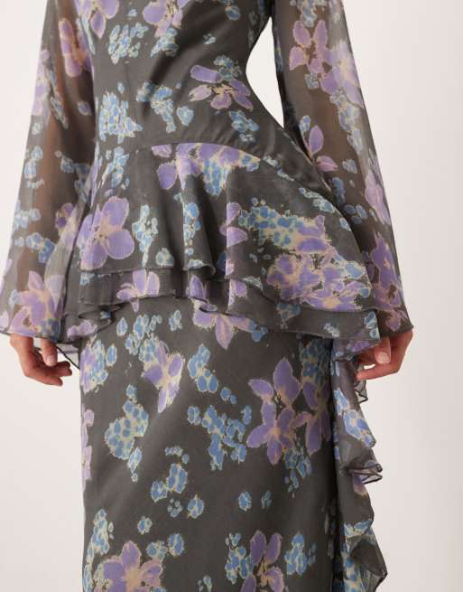 ASOS DESIGN - Robe longue en mousseline avec manches longues et ourlet à volants - Bleu fleuri, 3 de 4