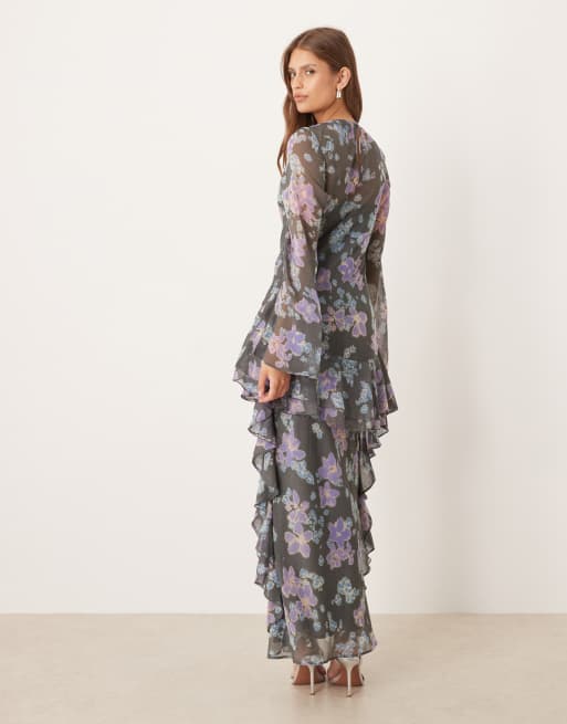 ASOS DESIGN - Robe longue en mousseline avec manches longues et ourlet à volants - Bleu fleuri, 4 de 4
