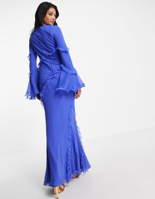 ASOS DESIGN Robe longue en mousseline avec volants oversize aux manches Bleu vif