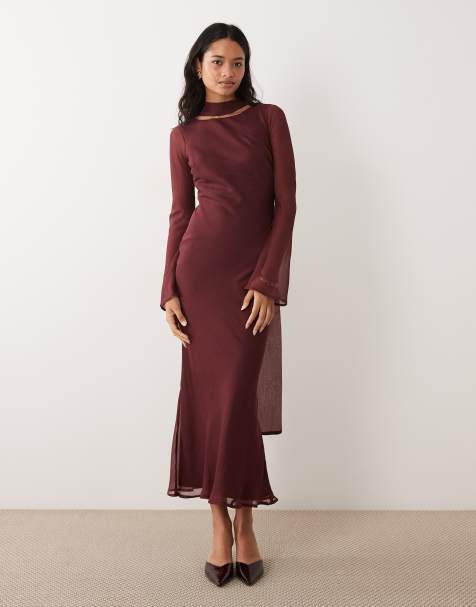 ASOS DESIGN robe longue en mousseline coupée en biais avec écharpe assortie prune - view 1