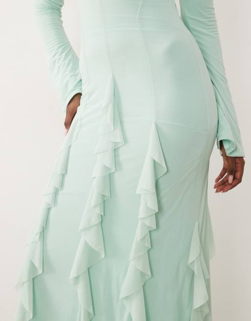 ASOS DESIGN robe longue en mousseline extensible à épaules dénudées, manches longues, avec godets, bleue, 3 de 4