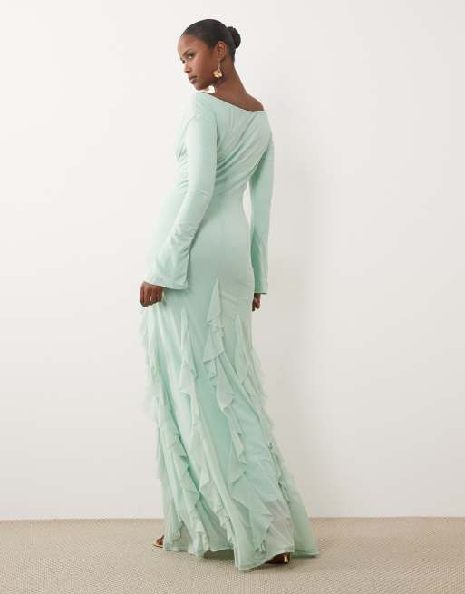 ASOS DESIGN robe longue en mousseline extensible à épaules dénudées, manches longues, avec godets, bleue, 4 de 4