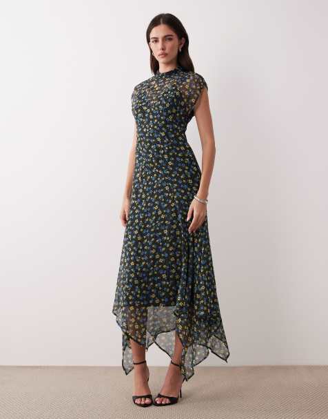 ASOS DESIGN - Robe longue en mousseline imprimé fleuri à col montant et ourlet mouchoir - Noir - view 1