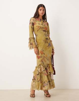 ASOS DESIGN - Robe longue en mousseline imprimé fleuri avec manches longues et volants étagés - Vert-Multicolore