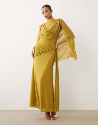 Robe longue en mousseline stretch à col bénitier et détail drapé - Chartreuse-Bleu XS