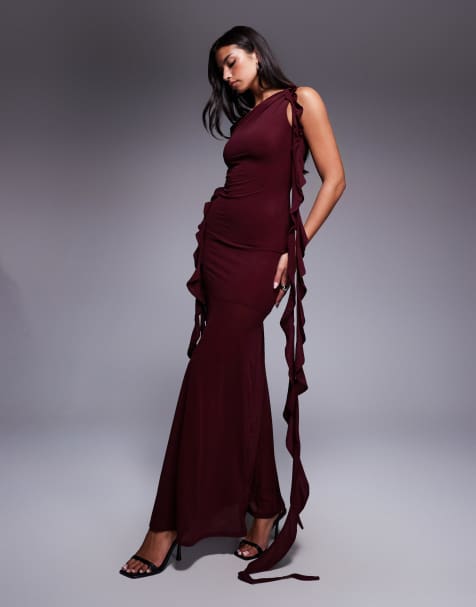 ASOS DESIGN - Robe longue en mousseline stretch à découpe et volants - Mûre - view 1