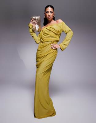 Robe longue en mousseline stretch avec manches longues et encolure Bardot - Chartreuse-Vert S