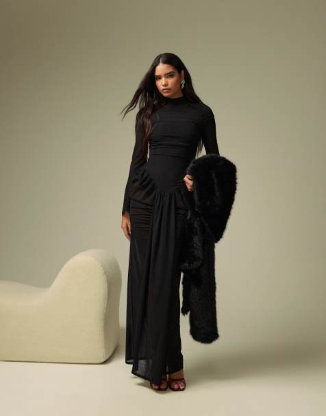 ASOS DESIGN - Robe longue en mousseline stretch très froncée et col montant avec body - Noir - view 1