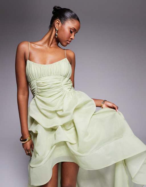 ASOS DESIGN - Robe longue en organdi avec jupe structurée et ourlet asymétrique - Vert sauge, 3 de 4