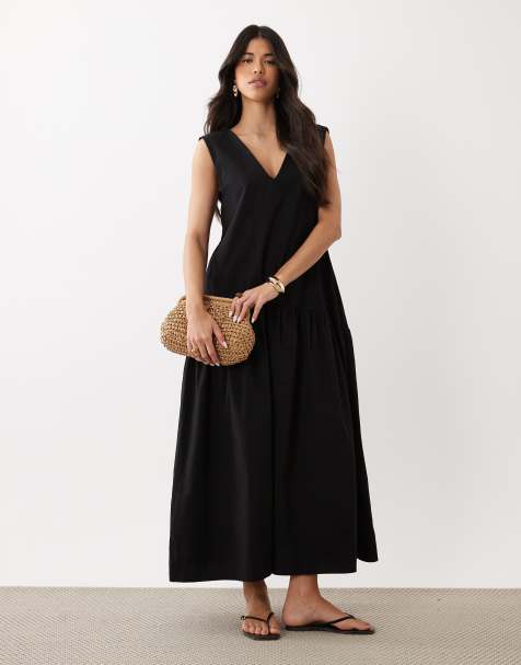 ASOS DESIGN - Robe longue en popeline à col V - Noir - view 1