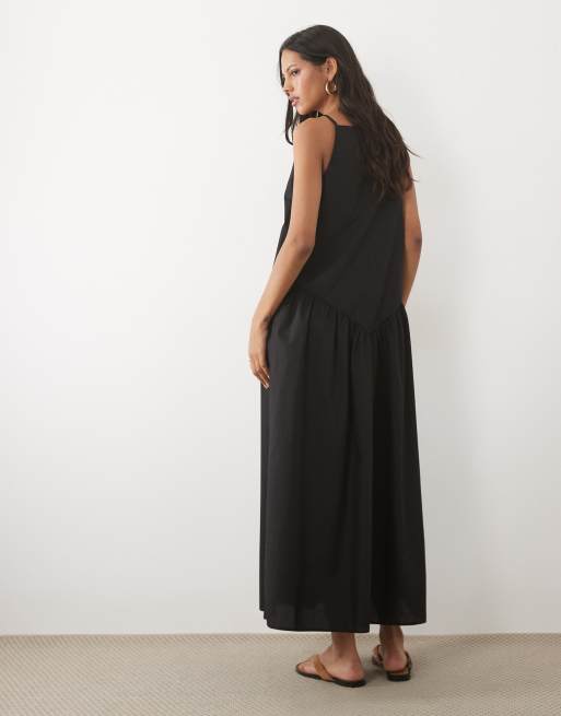 ASOS DESIGN - Robe longue en popeline à encolure bateau avec taille basse - Noir, 3 de 4