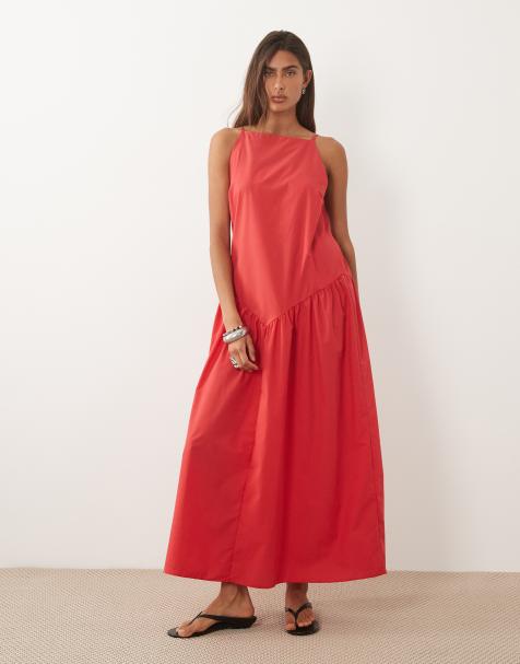 ASOS DESIGN - Robe longue en popeline à encolure bateau avec taille basse - Rouge - view 1
