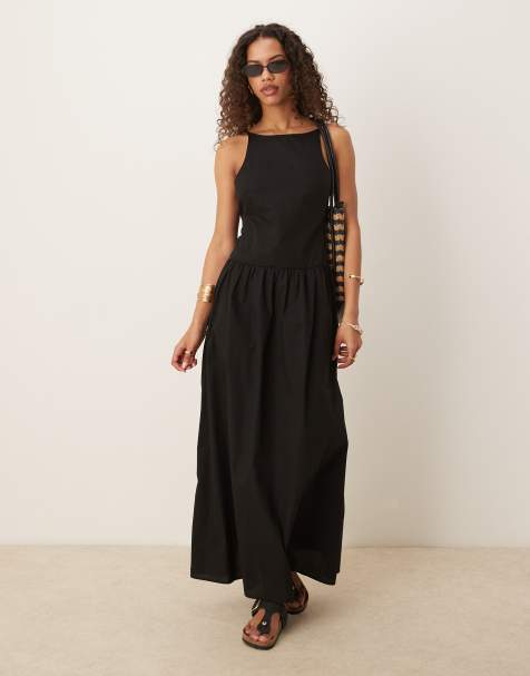 ASOS DESIGN - Robe longue en popeline avec encolure licou et taille basse - Noir - view 1