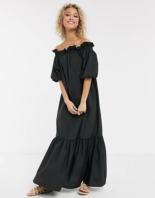 ASOS DESIGN - Robe longue en popeline de coton à épaules dénudées  et ourlet style basque - Noir