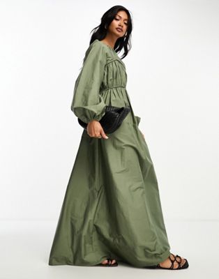 ASOS DESIGN cotton poplin maxi dress with ruched bust detail in olive    - ASOS Price Checker