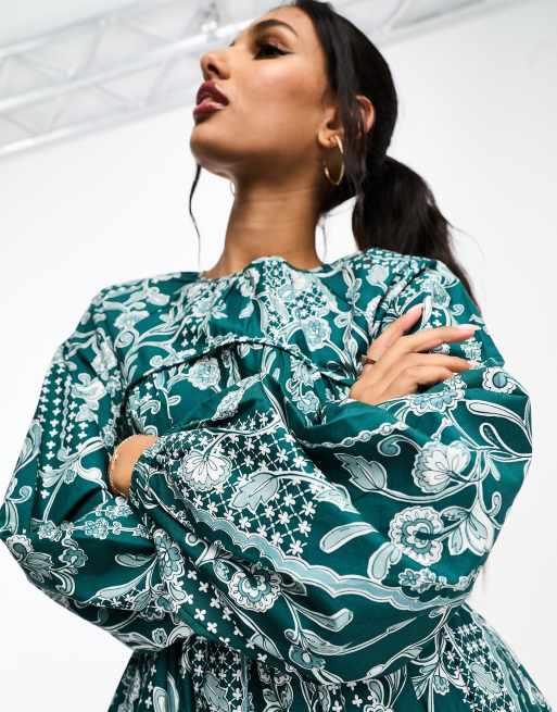 ASOS DESIGN - Robe longue en popeline de coton froncée sur le buste à imprimé cachemire - Vert, 3 de 4