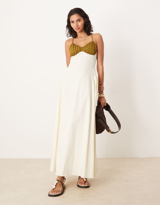 ASOS DESIGN - Robe longue en popeline effet color block avec buste froncé et coutures style corset - Olive/crème, 2 de 4